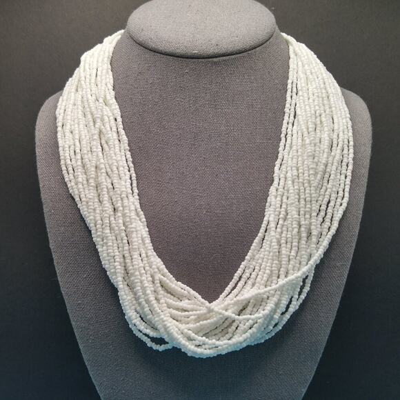Chico's White Seed Bead Necklace, 30 Strands, Hammered Silver End Caps, 26 Inch - Picture 3 of 12
